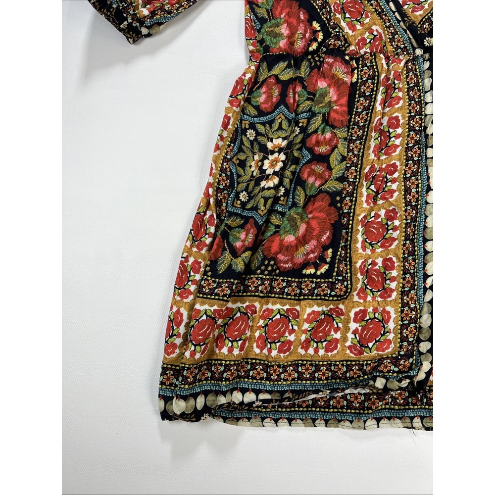 FARM Rio Floral Wrap Mini Dress V-Neck Puff Sleeve Pattern Tapestry Womens S - Picture 2 of 16